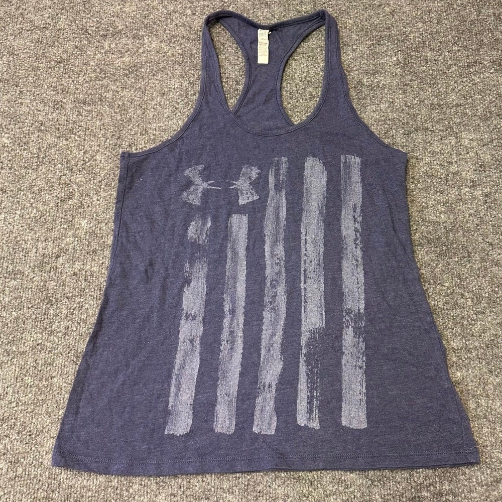 Under Armour Tank Top Womens Size Small Blue Viscose Blend Flag Graphic HeatGear